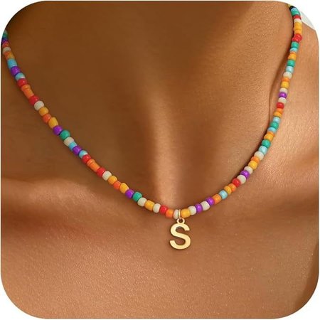 

Bohemian style letter pendant dopamine handmade rice bead bead bead necklace, Color19, Accessories