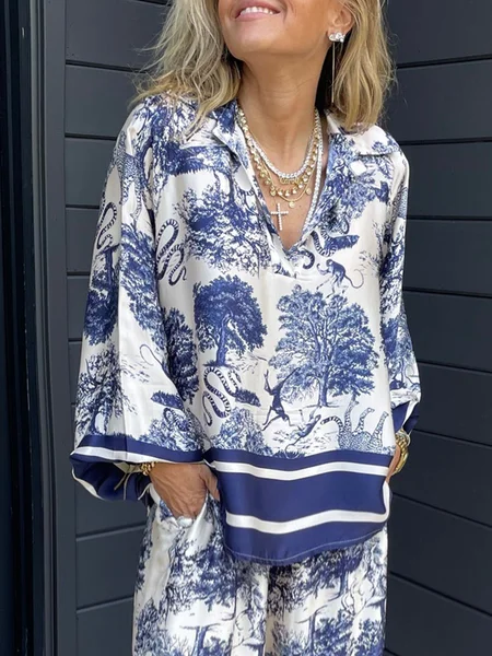 

Vacation Tropical Printing V Neck Blouse, Blue, Blouses and Shirts