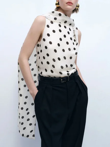 

Elegant Polka Dots Printing Crew Neck Tank Top With Scarf, Beige, Tanks and Camis