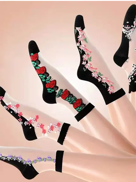 

Hot Sale Women's Medium Tube Crystal Stockings Spring And Summer Thin Embroidered Glass Silk Women's Stockings Middle-aged And Elderly Non-slip Socks, White, Socks & Tights