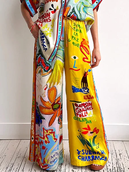 

Vacation Tropical Printing Wide Leg Pants, As picture, Pants