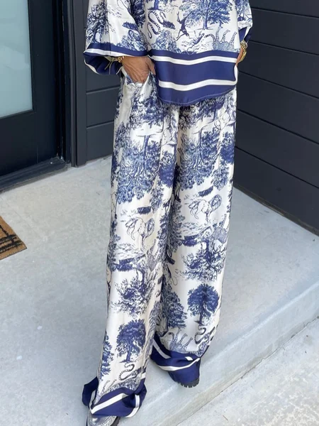 

Vacation Tropical Printing Straight Pants, Blue, Pants