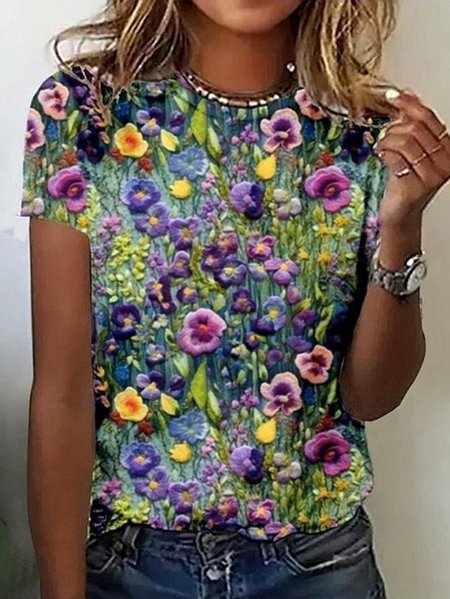 

Casual Floral Crew Neck Short Sleeve T-shirt, As picture, T-shirts