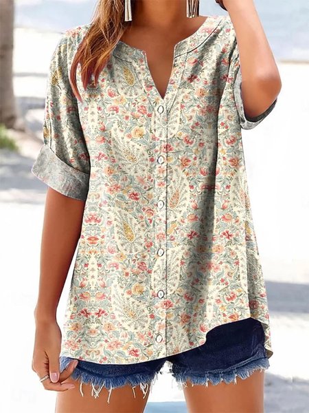 

V Neck Short Sleeve Paisley Regular Micro-Elasticity Regular Fit Shirt For Women, Apricot, Shirts