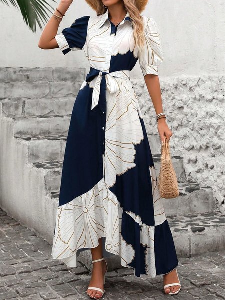 

Women Geometric Short Sleeve Summer Printing Dress V Neck Puff Sleeve Daily Casual Maxi Shirt Dress A-Line Dress, Navyblue, Dresses