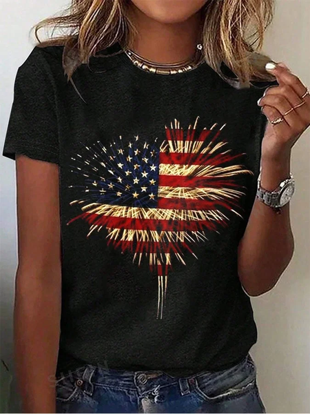 

Women Independence Day (Flag) Short Sleeve Tee T-shirt Crew Neck Printing Casual Summer Graphic Tee Top, Black, T-Shirts
