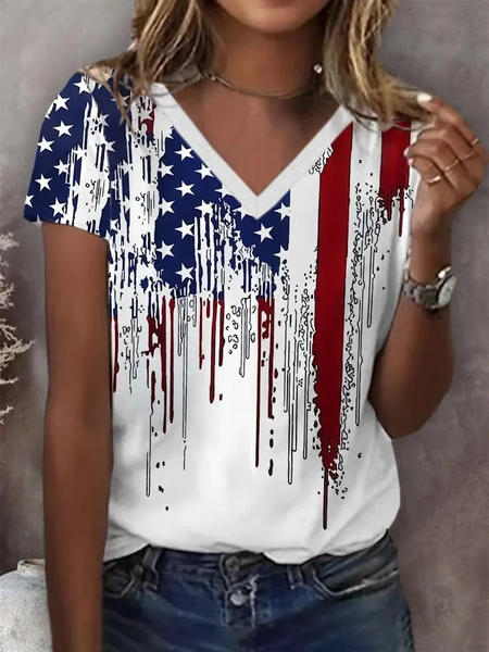 

Women Independence Day (Flag) Short Sleeve Tee T-shirt V Neck Printing Casual Summer Graphic Tee Top, White, T-Shirts