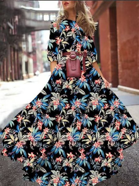 

Women Floral Half Sleeve Summer Printing Dress Crew Neck Puff Sleeve Daily Casual Maxi Flowy Dress A-Line Dress, Purplish blue, Dresses