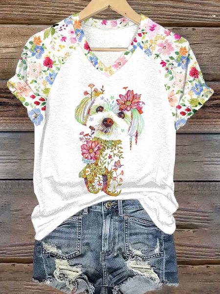 

Casual Floral V Neck Short Sleeve T-shirt, White, T-shirts