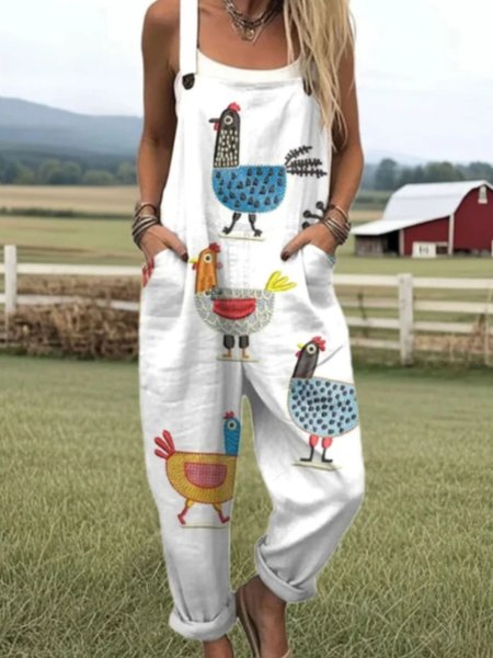 

Women Animal Square Neck Gallus Casual Summer Cotton And Linen Jumpsuit, White, Jumpsuits＆Rompers