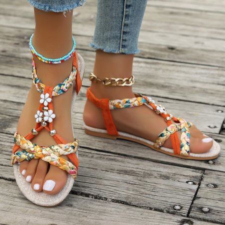 

Casual Floral Slip On Flat Heel Espadrille Sandals, Orange, Women shoes