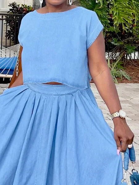 

Casual Plain Distressing Denim Top, Light blue, Tops