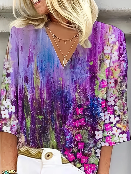 

Women Floral Three Quarter Sleeve Blouse Spring/Fall Printing V Neck Daily Casual Top, Purple, Blouses