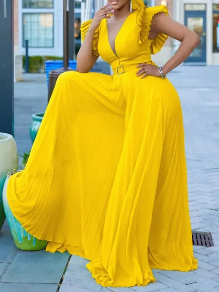 

Urban Pleated Plain Mesh Jumpsuit, Yellow, Jumpsuits