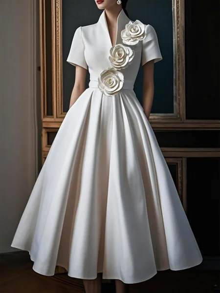 

Elegant Plain Stand Collar Midi Dress With 3D Floral Brooch, Off white, Midi Dresses