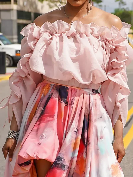 

Casual Plain Drawstring Off The Shoulder Blouse, Pink, Blouses and Shirts