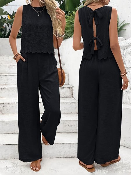 

Women Plain Two-Piece Set Daily Sleeveless Casual Summer Top With Pants Matching Set, Black, Sets