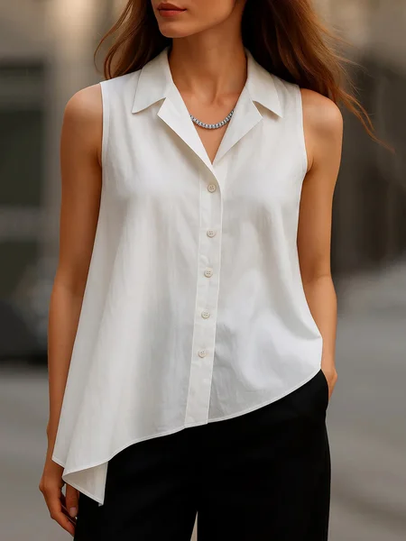 

Cotton Casual Plain Irregular Craftsmanship Shawl Collar Shirt, White, Blouses and Shirts