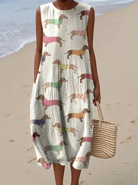 

Women Painting Summer Dress Crew Neck Sleeveless A-Line Dress, Apricot, Dresses