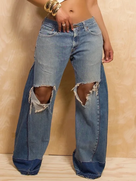 

Denim Urban Contrast Stitching Split Joint Jeans, Blue, Jeans