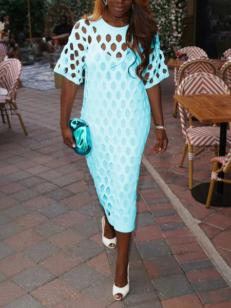 

Elegant Plain Hollow Out Crew Neck Midi Dress, Blue, Midi Dresses