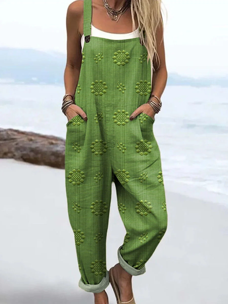 

Women Floral Square Neck Sleeveless Casual Spring/Fall Bib Pants, Green, Jumpsuits＆Rompers