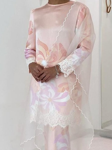 

Elegant Floral Printing Crew Neck Blouse With Scarf, As picture, Blouses and Shirts