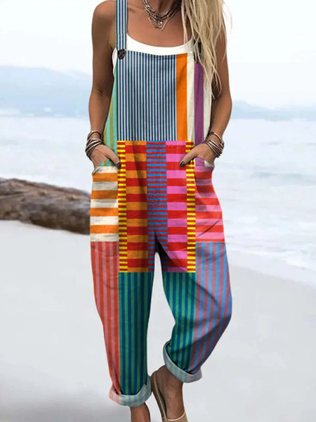 

Women Striped Square Neck Sleeveless Casual Spring/Fall Bib Pants, As picture, Jumpsuits＆Rompers