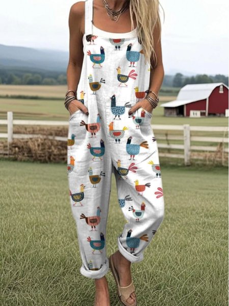 

Women Animal Square Neck Gallus Casual Summer Linen Jumpsuits, White, Jumpsuits&Rompers