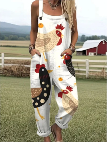 

Women Animal Square Neck Gallus Casual Summer Cotton And Linen Jumpsuits, Off white, Jumpsuits&Rompers