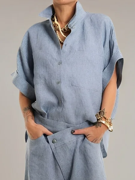 

Cotton And Linen Urban Plain Shirt, Gray, Blouses and Shirts