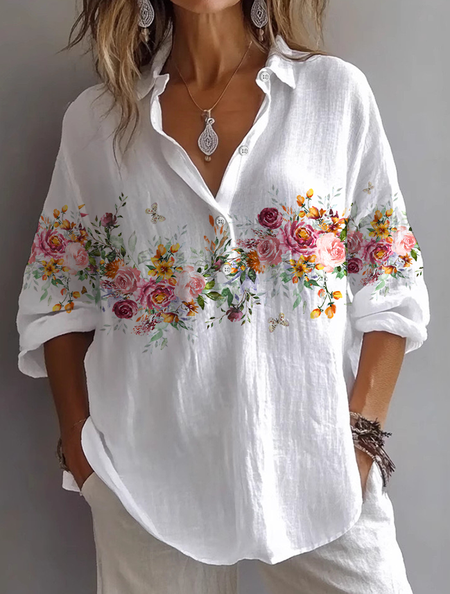 

Women Floral Long Sleeve Shirt Spring/Fall Printing Shirt Collar Daily Casual Top, White, Shirts