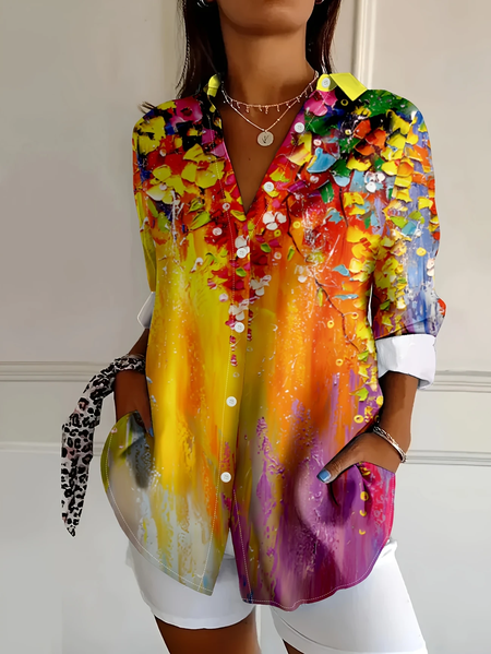 

Women Floral Long Sleeve Shirt Spring/Fall Buckle Shirt Collar Daily Casual Top, Yellow, Shirts