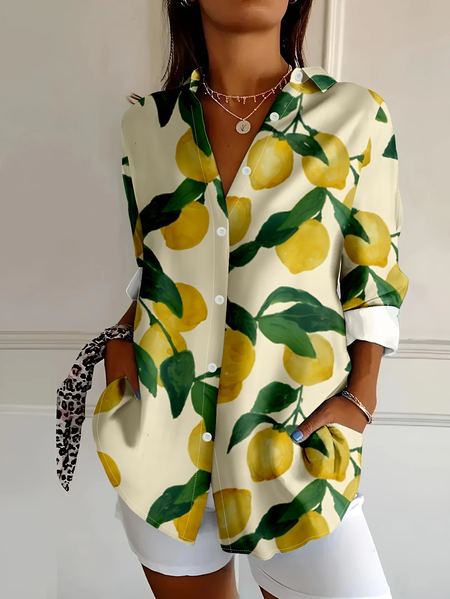 

Women Lemon Long Sleeve Shirt Spring/Fall Buckle Shirt Collar Daily Casual Top, Yellow, Shirts