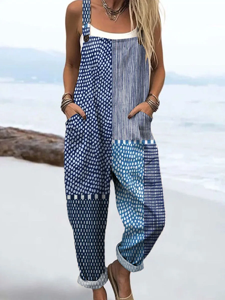 

Women Striped Square Neck Sleeveless Casual Spring/Fall Bib Pants, Blue, Jumpsuits＆Rompers