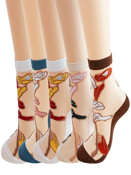 

Hot Sale Women's Medium Tube Crystal Stockings Spring And Summer Thin Flower Print Glass Silk Women's Socks Non-slip Socks For Women, Socks