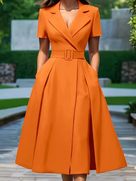 

Elegant Plain Lapel Collar Midi Dress With Belt, Orange, Midi Dresses