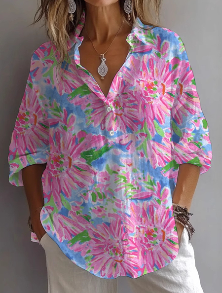 

Women Floral Long Sleeve Shirt Spring/Fall Printing Shirt Collar Daily Casual Top, Pink, Shirts
