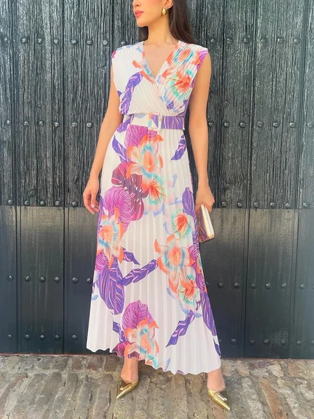 

Vacation Floral Pleated V Neck Midi Dress With Belt, As picture, Midi Dresses