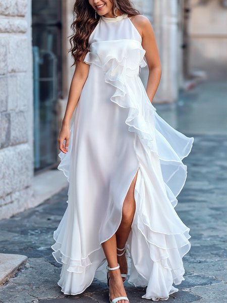 

Elegant Plain Side-Slit Halter Midi Dress, White, Maxi Dresses