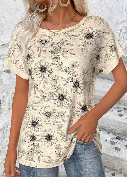 

Vintage Floral Crew Neck Short Sleeve T-shirt, As picture, T-shirts