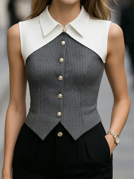 

Urban Contrast Stitching Split Joint Shawl Collar Tank Top, As picture, Tanks and Camis