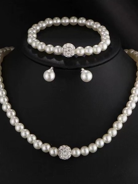 

Creative Jewelry Imitation Pearl Necklace Bracelet Earrings Set Three Pieces, White, Necklaces