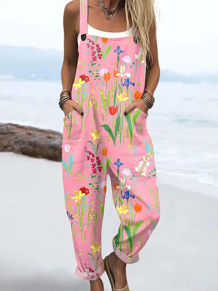 

Women Floral Square Neck Sleeveless Casual Spring/Fall Bib Pants, Pink, Jumpsuits＆Rompers