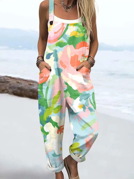 

Women Floral Square Neck Sleeveless Casual Spring/Fall Bib Pants, As picture, Jumpsuits＆Rompers