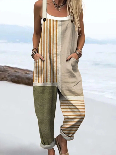 

Women Striped Square Neck Sleeveless Casual Spring/Fall Bib Pants, Khaki, Jumpsuits＆Rompers