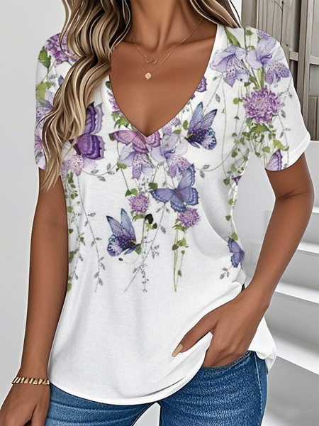 

Casual Floral V Neck Short Sleeve T-shirt, White, T-shirts