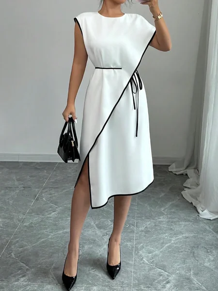 

Elegant Color Block Knee Length Dress With Belt, White, Midi Dresses