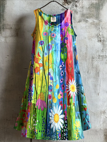 

Women Floral Summer Dress Crew Neck Sleeveless A-Line Dress, Green, Midi