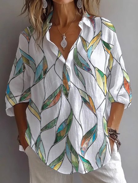 

Women Floral Long Sleeve Shirt Spring/Fall Printing Shirt Collar Daily Casual Top, White, Shirts